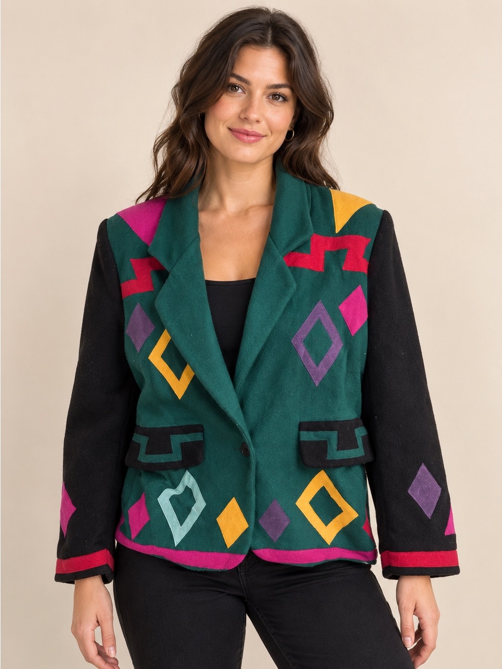 Vintage Braetan Multi Colored Crazy‎ Print Abstract Wool Coat Jacket Size Medium